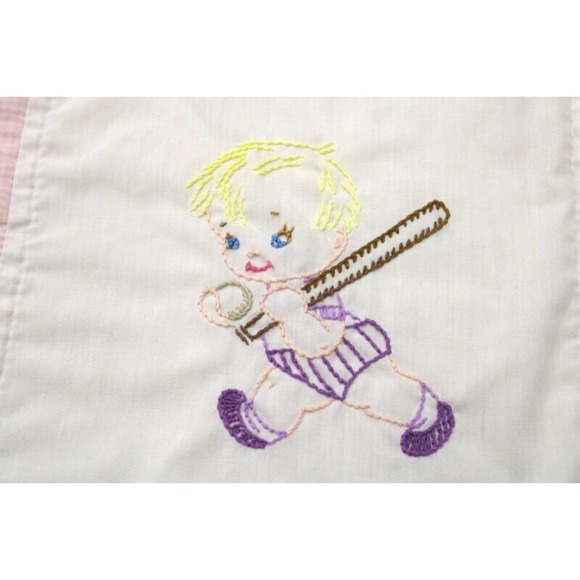 Vintage Hand Embroidered Baby Crib Quilt Pink Children Playing 1980s - Picture 6 of 12